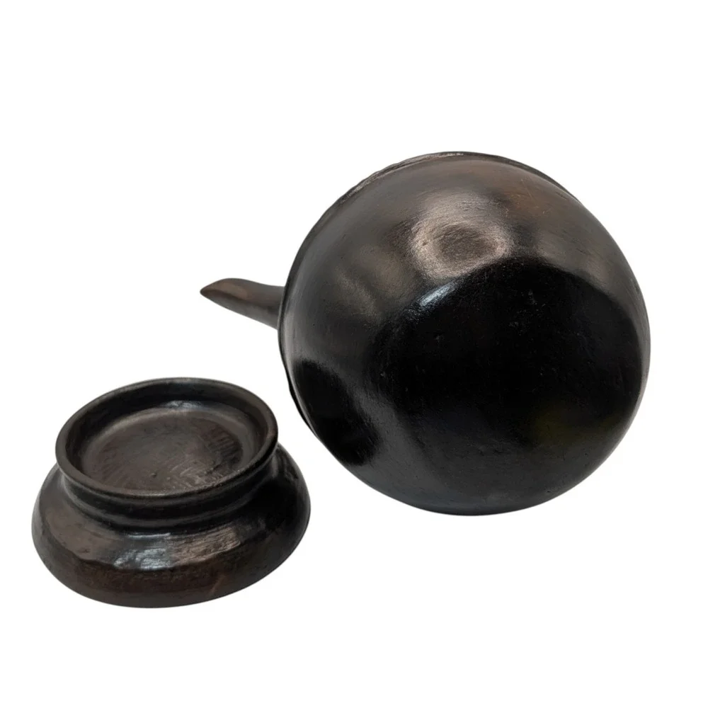Vintage Ethiopian Jebena Pot Handmade with Stand Black Clay Coffee Pot Two Piece